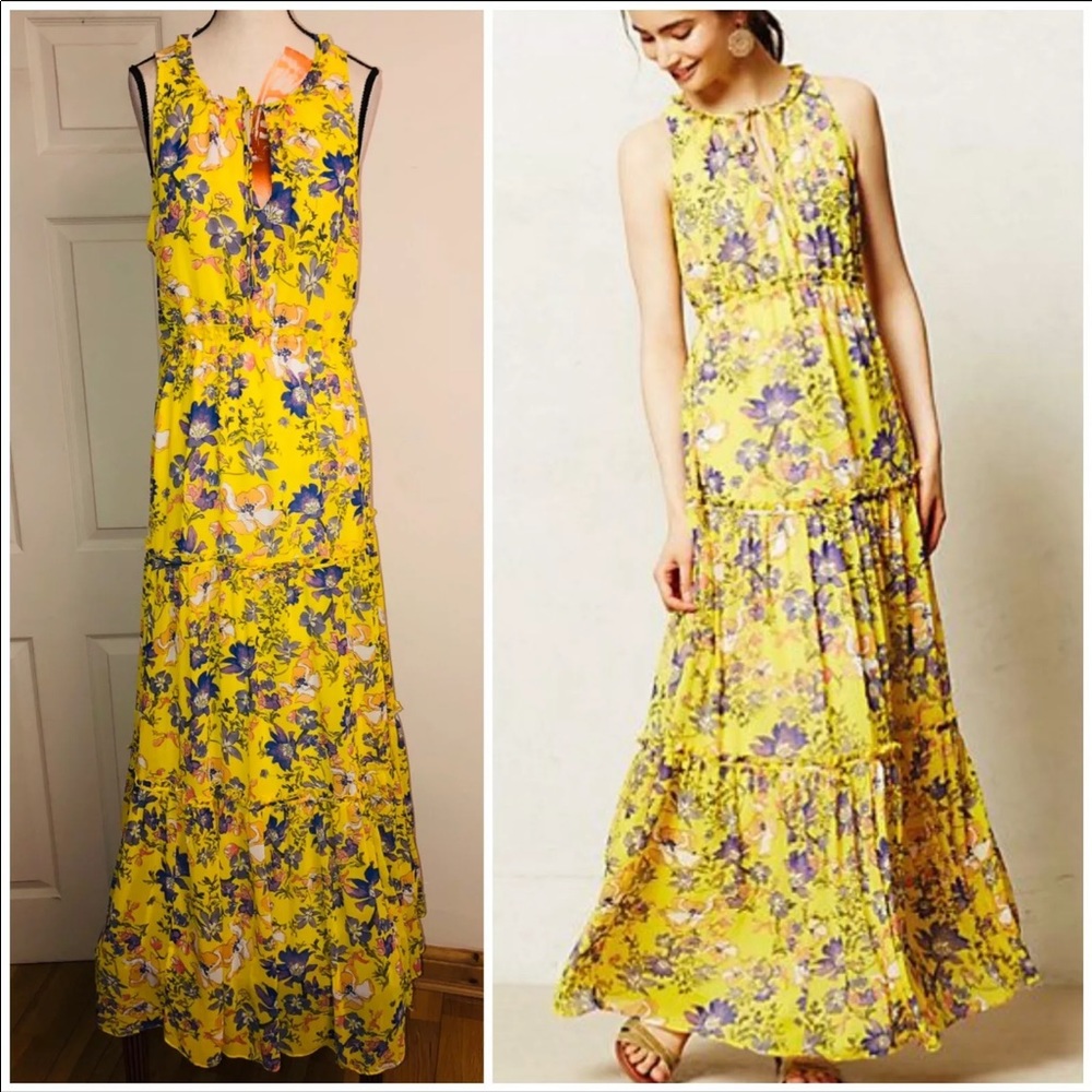 ANTHROPOLOGIE YELLOW FLORAL MAEVE MARAVILLA TIERED MAXI LONG SLEEVELESS DRESS 8